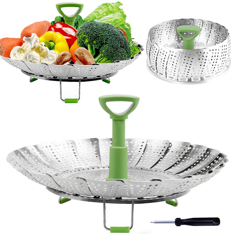 Consevisen Vegetable Steamer Basket for Cooking Food, Stainless Steel Veggie Steam Basket for Pot, Folding Expandable Steaming Insert with Extendable Handle Fits Various Size Pot, 6.4" to 10" - Image 1